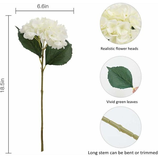 Kunstig Hortensia Blomst, 5 stk Enkelt Lang Silke Stilk 6,3 tommer Hode Hortensia Buketter for Bryllup, Hjem, Hotell, Festdekorasjon, Blomsteroppsats