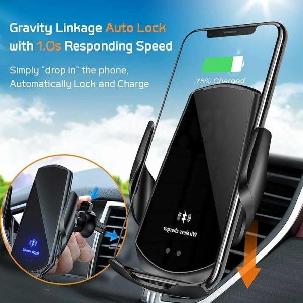 Argent-trådlös billaddare, 15W automatisk induktion trådlös laddning bilfäste för iPhone/Galaxy, med 3 magnetiska adaptrar för och alla telefoner