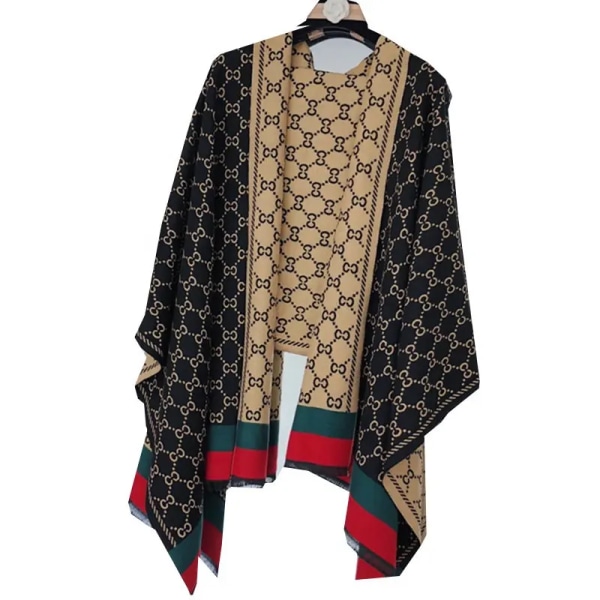 Printed mode varm halsduk Sjal omlindad med tofsar Vinter Tjock filt Ponchojacka CC-svart guld