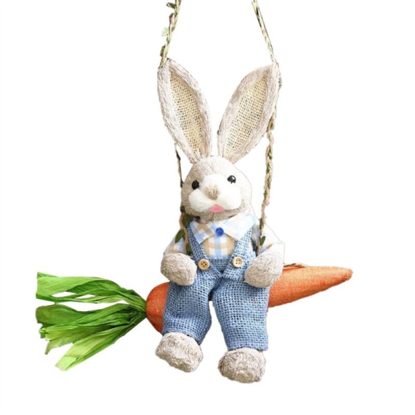 Easter Straw Rabbit Figurine, on Carrot Swing, Hanging Statue, Ornament for Easter Holiday Decoration B