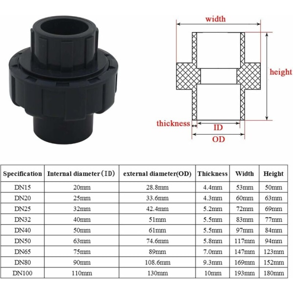 PVC-liitoskappale 50mm uima-altaan PVC-liitosholkkiliitin suodatinpumpulle, DN40 (sisähalkaisija 50mm)