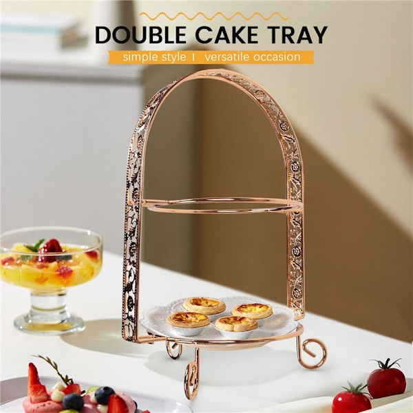 Metall Dubbelskiktad Tårta Stativ Båge Guld Frukt Dessert Hylla Bröllop Födelsedagsfest Dekoration Cupcake Stativ Guld