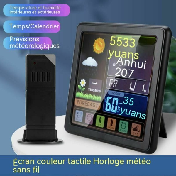 Trådlös väderstation, väderstation med LCD-färgskärm inomhus utomhus termometer hygrometer med utomhussensor, snooze väckarklocka (trä