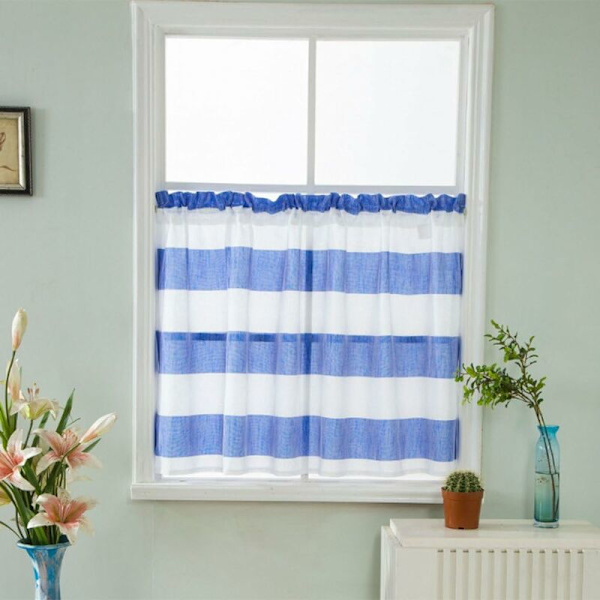 1 Panel Randig Gardinstångsficka Halv Gardin Badrum Kort Tier Valance - Blå 137x76cm