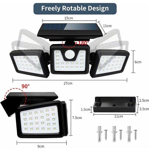 Solcellsbelysning med rörelsesensor, Kraftfull 3-huvud utomhusväggspotlight, 550 Lumen
