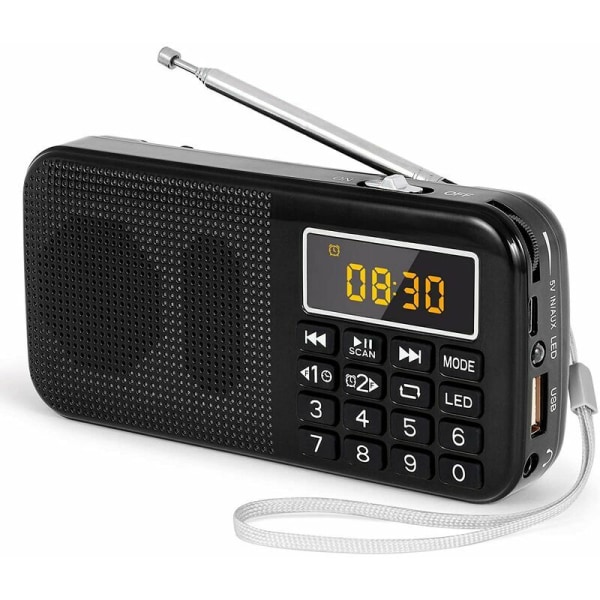 Bärbar radio, FM-radio med uppladdningsbart batteri med stor kapacitet (3000mAh), stöd för MP3/SD/ USB/AUX, svart