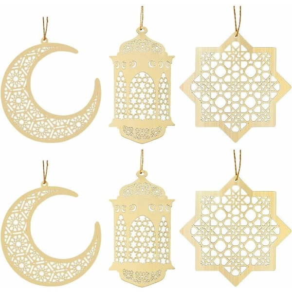 6 kpl Puu Eid al-Fitr -koristeita, Eid-koristeita DIY-koristeluun riipuskuun ja tuulen muotoisen koristeen kanssa muslimeille Eid Mubarak
