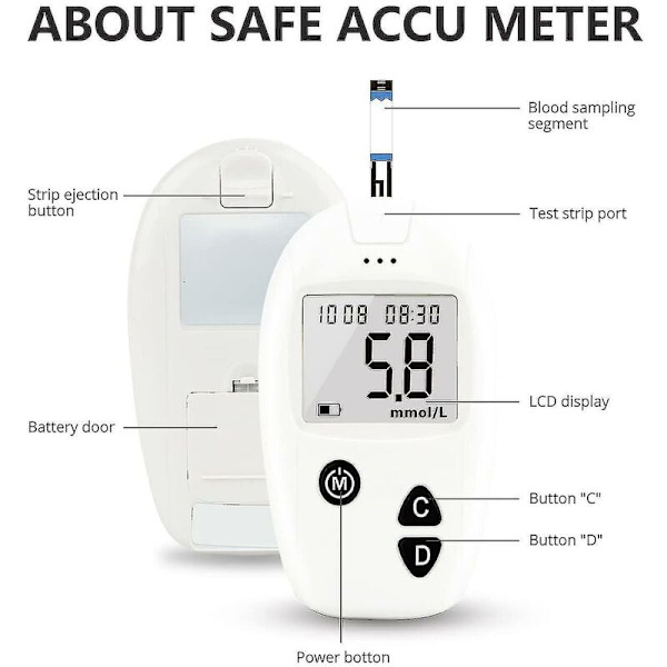 Blodsockermätare Diabetes Test Kit med 50 No-Coding Test Strips, 50 Lancets