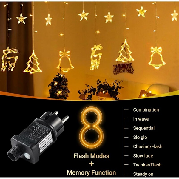 Julgardin med 138 LED-lampor, Julgardin med stjärnor, renar, granar och klockor, Inomhus/Utomhus Julbelysning Dekoration, Anslutbar L