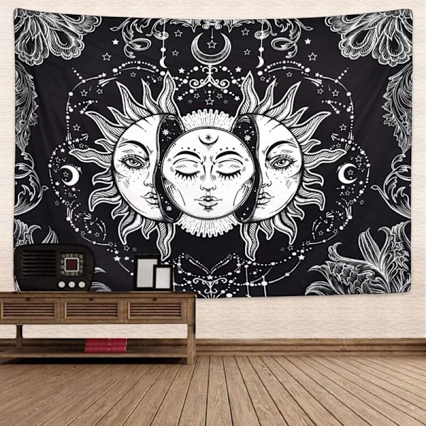 Psykedelisk Sol og Måne Gobelin Sort og Hvid Gobelin Soveværelse Studio Dekoration (Sort, 148 x 200 cm)
