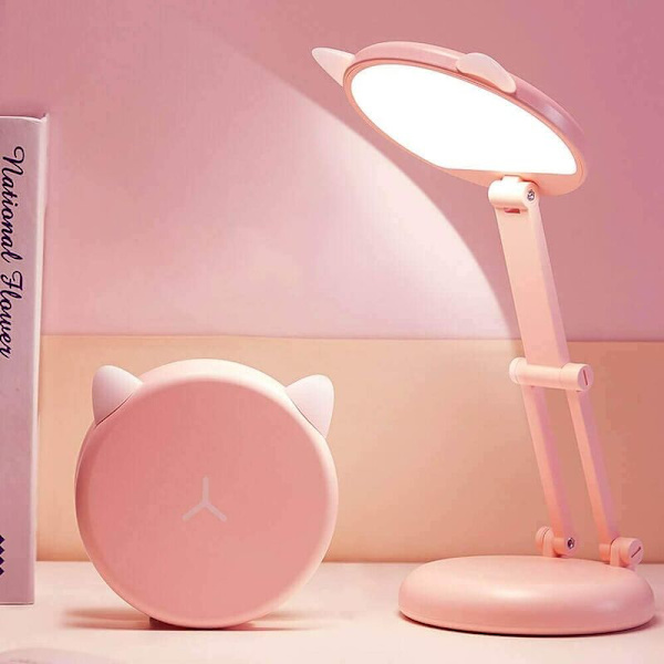 Skrivbordslampa för barnflicka, små rosa LED-ringlampor för hemmakontor, bärbar hopfällbar skrivbordslampa med USB-laddning 4800 MAh