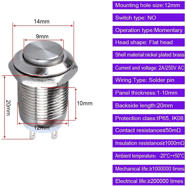 10 stk Momentane Vanntette Trykknapper i Rustfritt Stål På/Av Trykknapp 12mm 2A 12V/24V/125V/250V (Høy Hode)