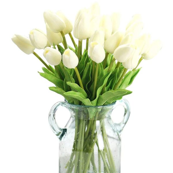 Konstgjorda blommor, konstgjord blombukett 20 stycken tulpaner serie Real Touch bröllopsbukett för hem blomsterdekoration (ingen vas)
