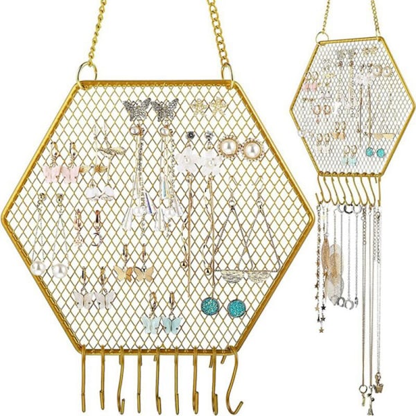 2Pcs Earring Wall Mount Hanging Organizer Hexagon Decorative Diamond Grille A-Shape