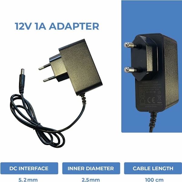 Universal Nätadapter 12V DC 1A, AC 100-240V 50/60Hz, Adapter, Anslutbar Nätadapter/Kabel Längd 100cm (5.5 – 2.1mm Jackkontakt) Kompatibel med TV