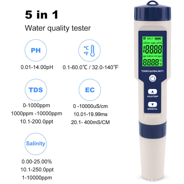 pH-mätare 5 i 1 med Salinitet Temperatur TDS EC Multifunktionell Testare Hög Precision Vattentät Automatisk Temperaturkompensation Självkalibrering