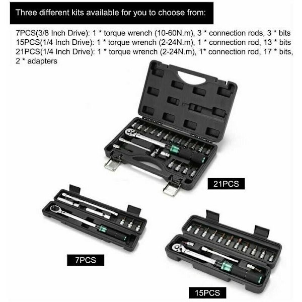 2-24N.m 1/4 tommers stasjon 15 PCS forhåndsinnstilt momentnøkkel Hurtigutløser momentnøkkel Bitsett Mini bærbar justerbar momentnøkkel Husholdningssykkel Bil Aut