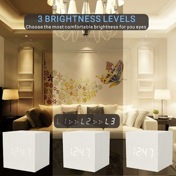 Digital väckarklocka vit, LED-lampa Mini modern kub skrivbordsväckarklocka visar tid datum temperatur för barn, sovrum, hem, sovsal, resor (Wh
