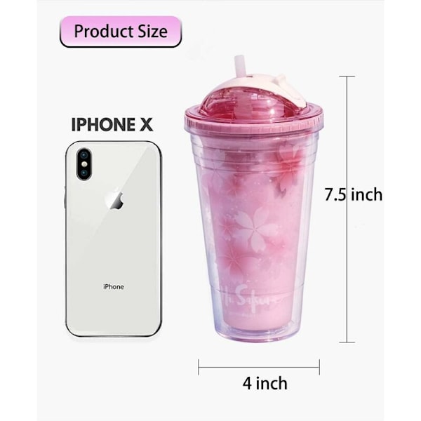 Isolerad Dubbelväggig Återanvändbar Läcksäker 16oz Plast Resekopp Med Lock Och Sugrör & BPA-Fri, Rosa-DENUOTOP