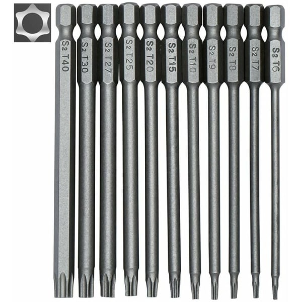 Sett med 11 lange Torx-bits for skrutrekkere og elektriske skrutrekkere - Magnetiske bits - 1/4" sekskantskaft - Størrelser T6 til T40 - Lengde 100 mm