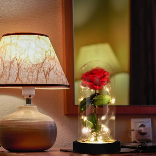 E-MANIS Skönhet och Odjuret Ros Gåvoset Glaskupa Konstgjord Roslampa Träbas LED Rosljus Heminredning för Gåva Alla hjärtans dag Mor