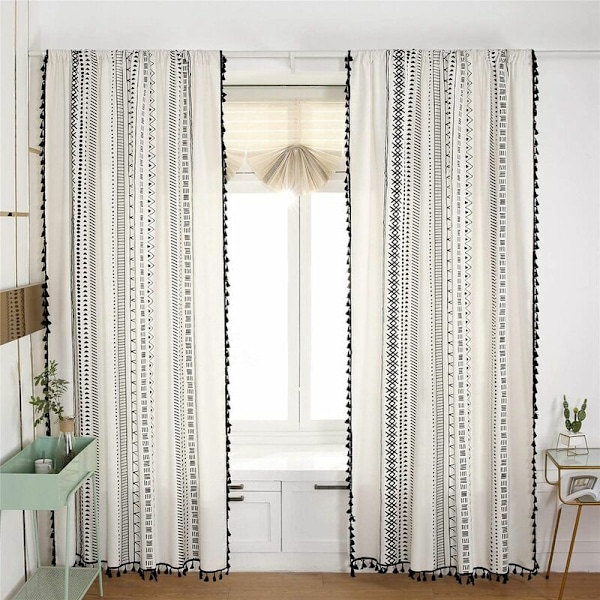 Bohemian Style Svart Stripet Vindusgardiner 2 Paneler med Dusker Bomull Lin Gardin for Soverom Stanglomme Topp 59X94 Tommer