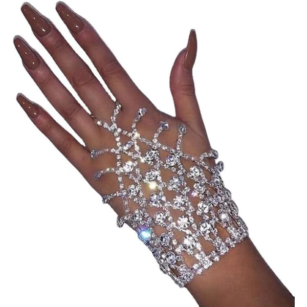 Armbandsring Silver Handkedja Kristallarmring Fingerring Armband Bröllopshandsele Handtillbehör för kvinnor och flickor
