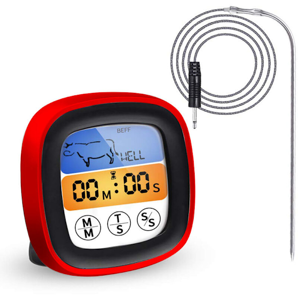 Kökstermometer, Kötttermometer med Ultra-Lång Sond, Snabbläsande Matlagningstermometer för Grill, BBQ, Biff, Godis, Mjölk (Röd)