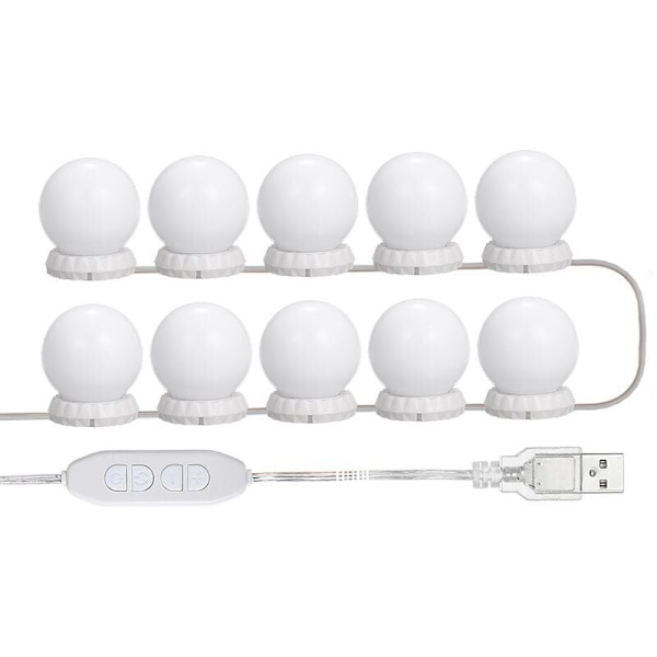 LED Spejllys Kit til Kommode, med 10 Justerbare Pærer, 10 Lysstyrker og 3 Lystilstande, USB-Type, Hvid - Hvid