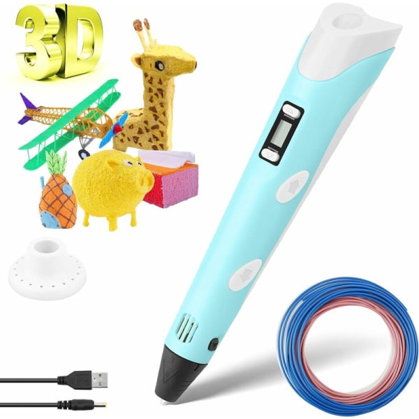3D-penn for barn, 3D-utskriftpenn med LCD-filamentutskriftstemperaturkontroll blå-