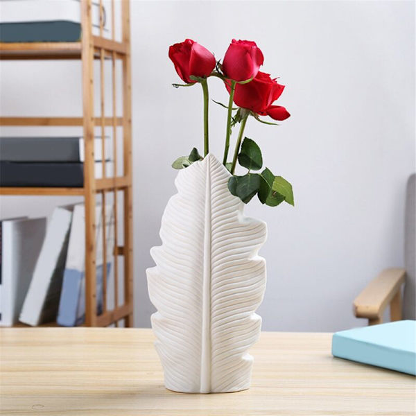 Keramisk vase fjær bladform blomsterpotte balkong skrivebord ornament soverom stue kontor dekorasjon hvit