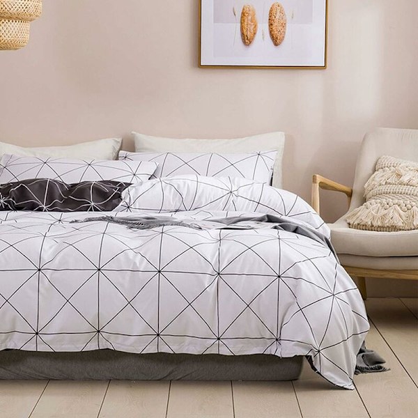 Vuxen sängkläder set påslakan med dragkedja påslakan set geometrisk vit grå svart (vit, 220x240CM)-