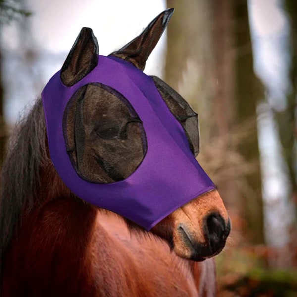 Hestefluemaske Hestefluemaske med nettingøyne og ører Pustende stoff Glatt stretch Hestefluemaske med UV-beskyttelse (lilla)