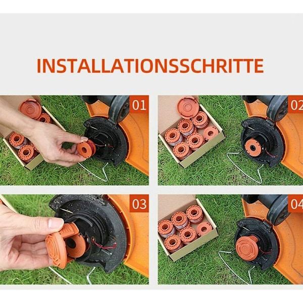 Set med 6 stycken trimmertråd WA0004.1 för alla WORX 20 V-trimmare (6 x 3 m lång, tråddiameter 1,65 mm) + 2 lock