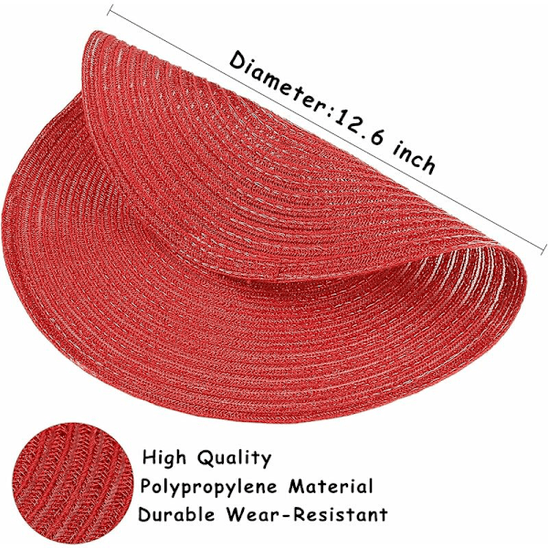 Muovimatto, pyöreä punottu pöytäliina 6 kpl, polypropeeni, pestävä, lämmönkestävä, keittiöön, ruokapöytään, juhliin, häihin (kiiltävä punainen
