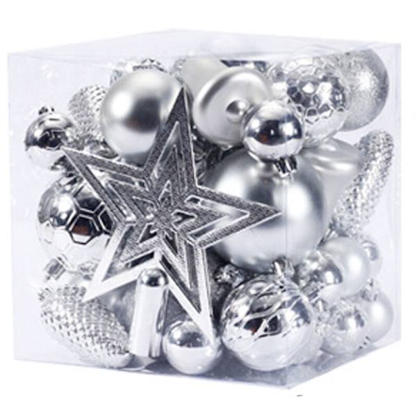 45-delad julgransdekorationssats, oförstörbara julgransprydnader för jul- och festdekoration (silver)