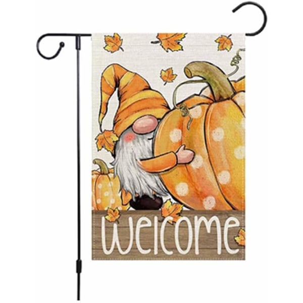 Gnome Maple Leaf Pumpkin Print Flagga Linne Dubbelsidig höst Thanksgiving Garden Flagga