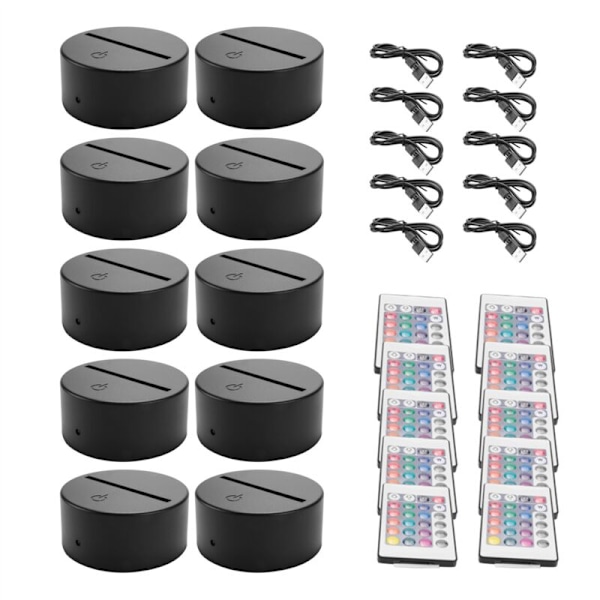 10-pack 3D LED-nattljusbas + fjärrkontroll + USB-kabel, 16 färger ljusshow-display för svart akryl