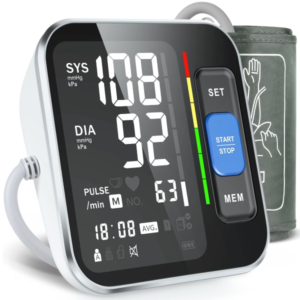 Hjemmebrug overarms blodtryksmåler med stort baggrundsbelyst display - hjertefrekvensregistrering, digital blodtryksmaskine med voksen bæretaske