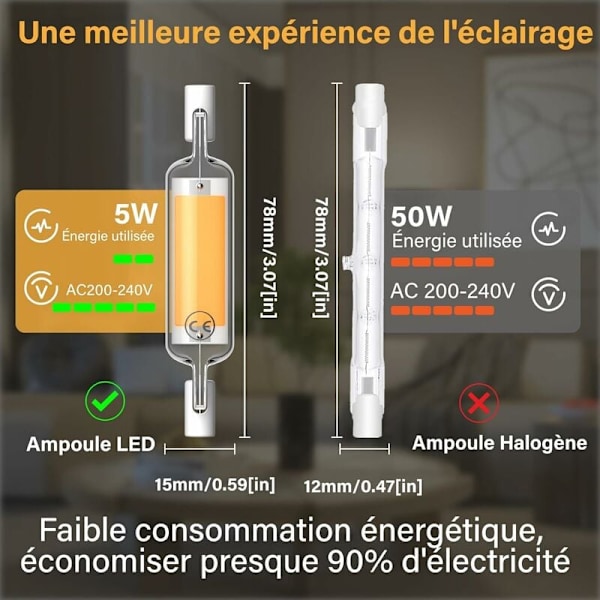 5W R7s 78MM J78 COB Filament LED-lampa, 500 lumen 360 grader, halogenlampa 30W 48W 50W motsvarande, perfekt för hem, kök, rum, balkong, kontor
