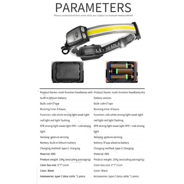 COB XPE Hodelykt Induksjonslampe med Innebygd Batteri Anti-glare Fiske, Litiumbatteri