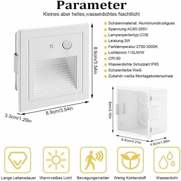 LED Inbyggd Vägglampa 3W Vägglampa Trappstegslampa Rörelsedetektor Golvinbyggd Lampa Trappbelysning Halllampa 2800K Varmvit HIASDFLS