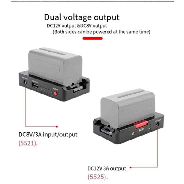 NP-F Batterilader Metall Adapter Plate USB DC12V DC8V DC 1/4in Uttak for NP-F970/F950/F930/F770F750/F570