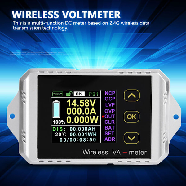 Trådløs farge LCD-skjerm DC spenningsmåler strømtester (VAT-1200, 0-200A 0-100V)