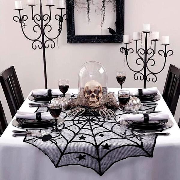 18 x 96 tum Halloween spets spindelnät eldstad mantel och 40 tum spets spindelnät bordsduk, 2 stycken