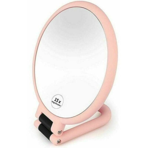 Hand Mirror Double Sided Makeup Mirror with 1 X 15 Magnification, Professional Travel Mirror with Adjustable Flip Handle-Pink-