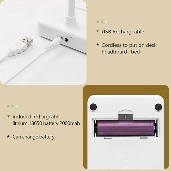 USB-laddningsbar trådlös LED-skrivbordslampa 1200 mAh batteridriven, touchkontroll 3 färger 6 justerbar ljusstyrka, bärbar bordslampa för barnläsning