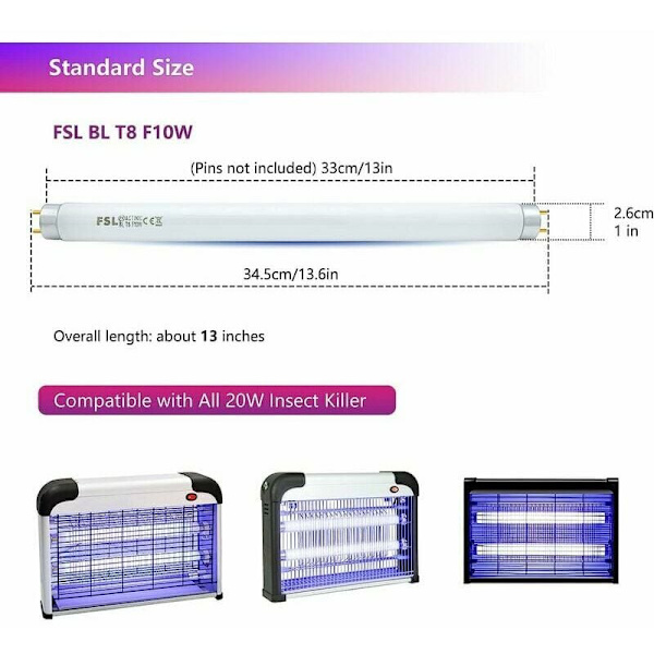 T8 F10W BL Erstatningslampe for Fluesnapperlampe, 34,5 cm UV-rør for 20W Myggdreper/Insektfanger (2 stk)
