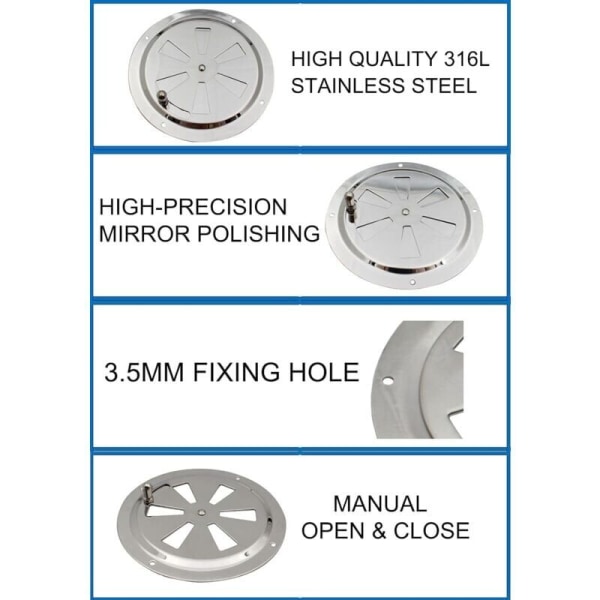 Runda ventilationsgaller i rostfritt stål, justerbar rund luftventilationsgaller, rostfritt stål, ventilationsgaller för rökare, husbil, hem, båtar