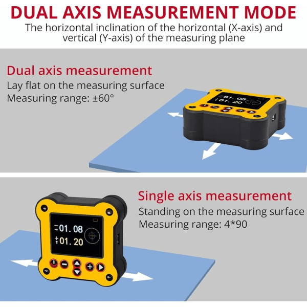 Kaksoisakselinen digitaalinen kallistusmittari Kaksoisakselinen kulmamittari ±60° Elektroninen vesivaaka LCD-näyttö USB-ladattavalla äänimerkillä Tasapainon ilmaisimet Magneettinen